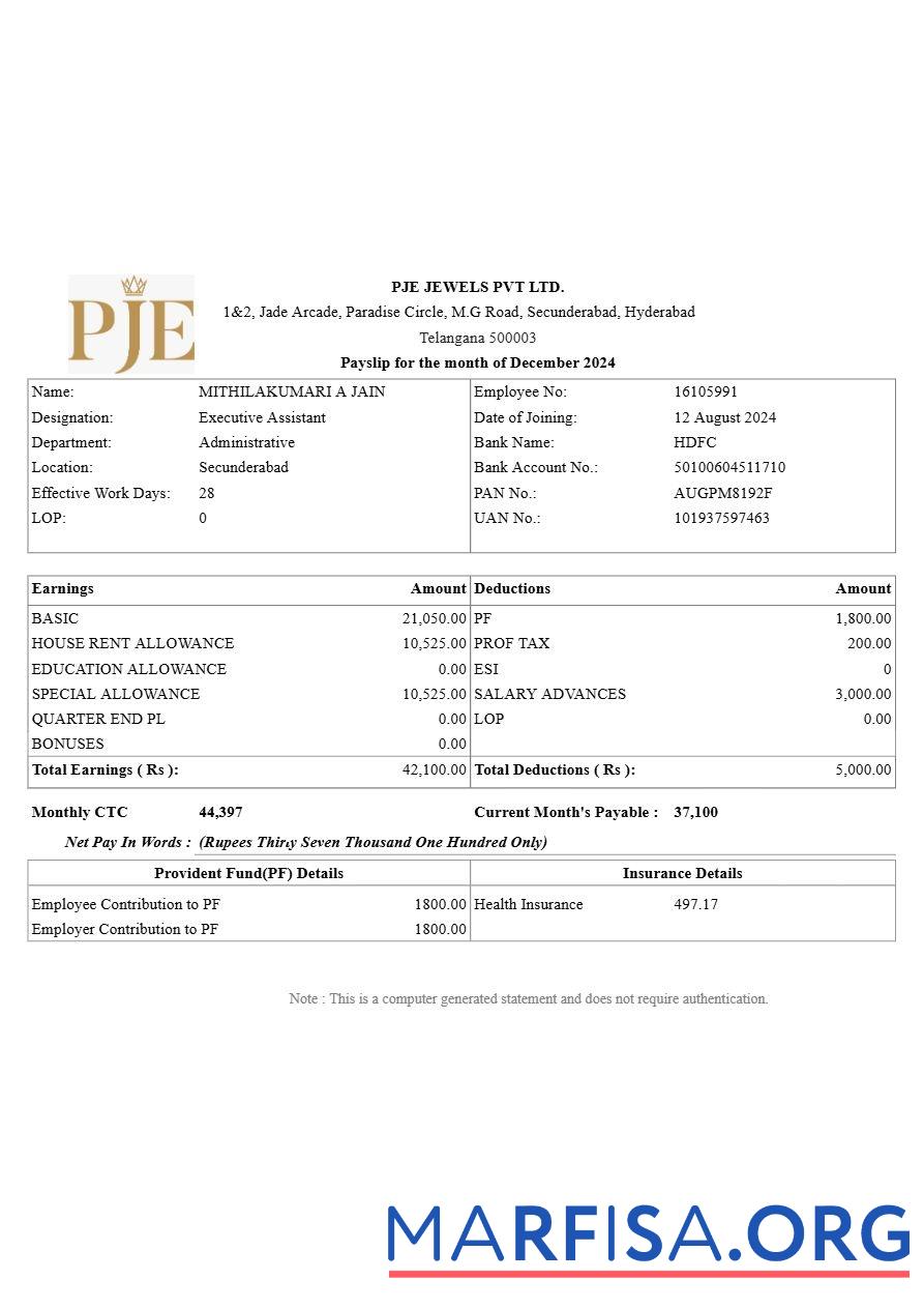 Blank PJE Jewels payslip real example